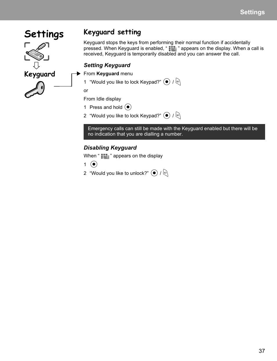 Keyguard setting, Settings, Keyguard | Philips X400 User Manual | Page 40 / 105