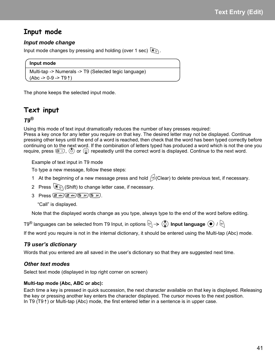 Input mode, Text input, Input mode text input | Text entry (edit) | Philips X400 User Manual | Page 44 / 105