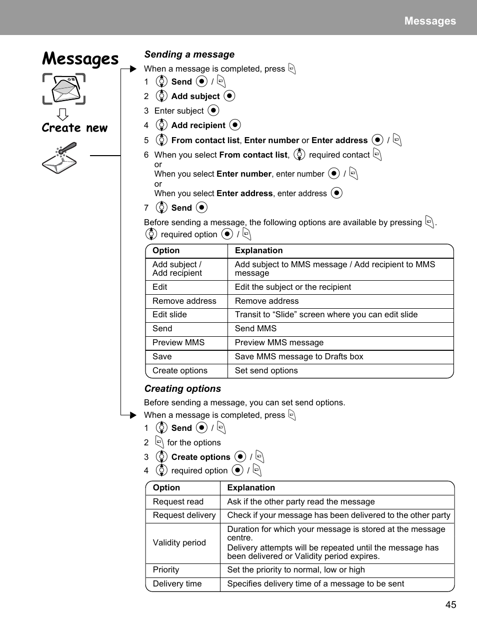 Create new, Messages | Philips X400 User Manual | Page 48 / 105