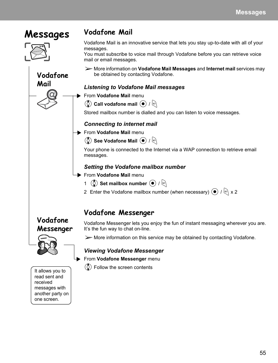 Vodafone mail, Vodafone messenger, Vodafone mail vodafone messenger | Messages | Philips X400 User Manual | Page 58 / 105