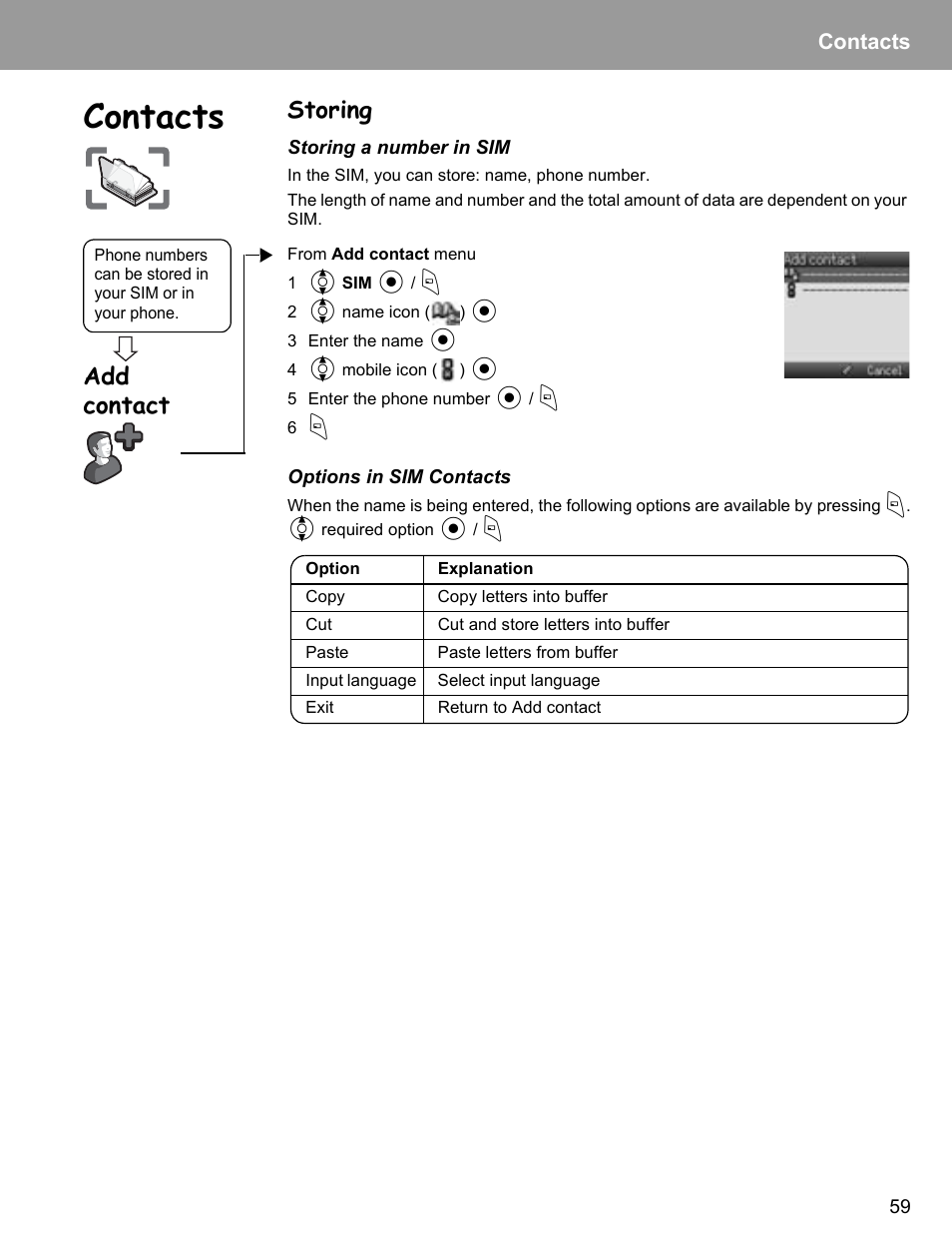 Storing, Add contact, Contacts | Philips X400 User Manual | Page 62 / 105