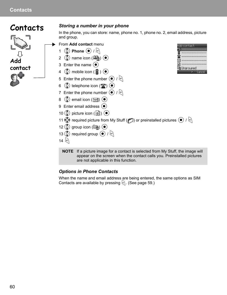 Add contact, Contacts | Philips X400 User Manual | Page 63 / 105