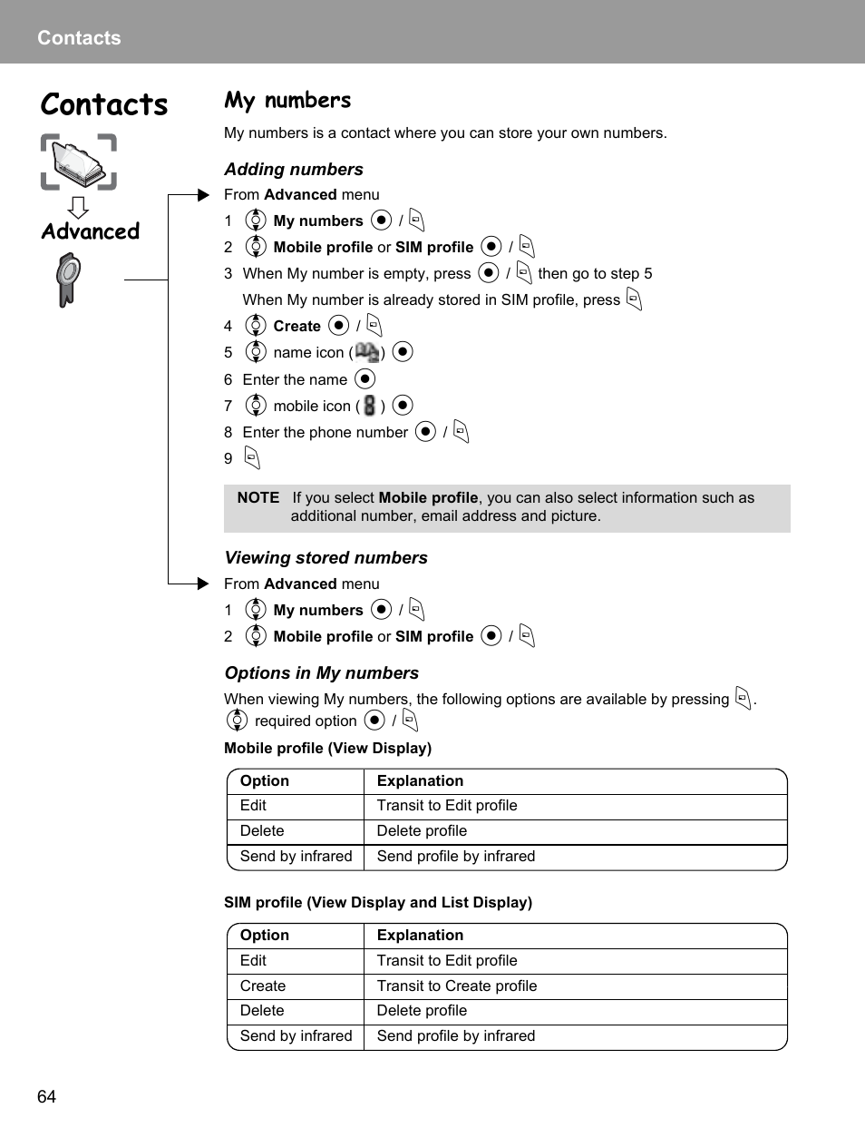 My numbers, Advanced, Contacts | Philips X400 User Manual | Page 67 / 105