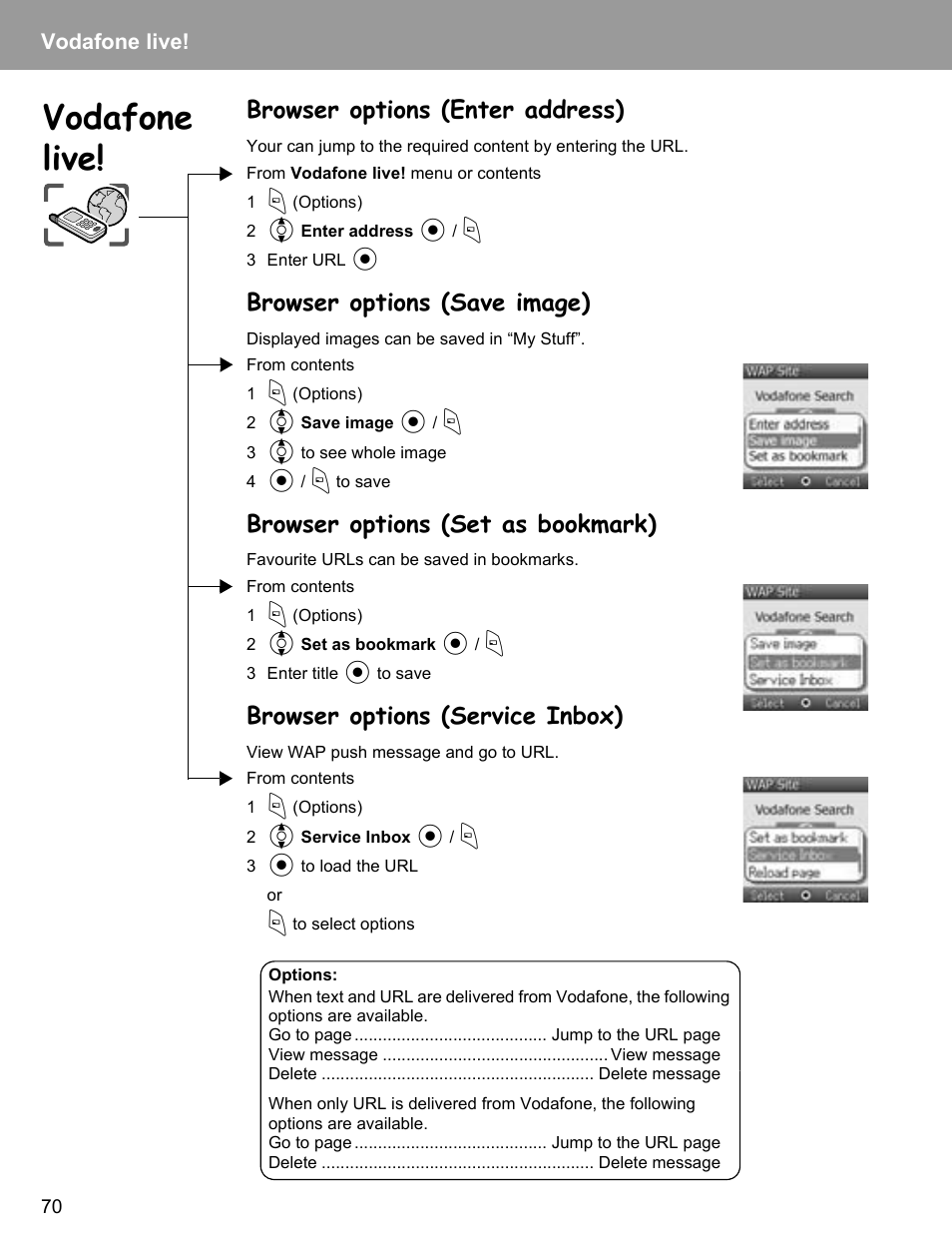 Browser options (enter address), Browser options (save image), Browser options (set as bookmark) | Browser options (service inbox), Vodafone live | Philips X400 User Manual | Page 73 / 105