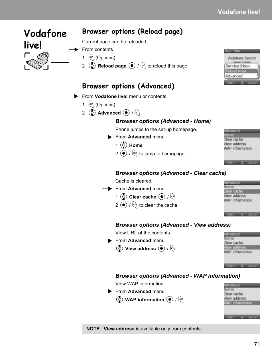 Browser options (advanced), Vodafone live, Browser options (reload page) | Philips X400 User Manual | Page 74 / 105