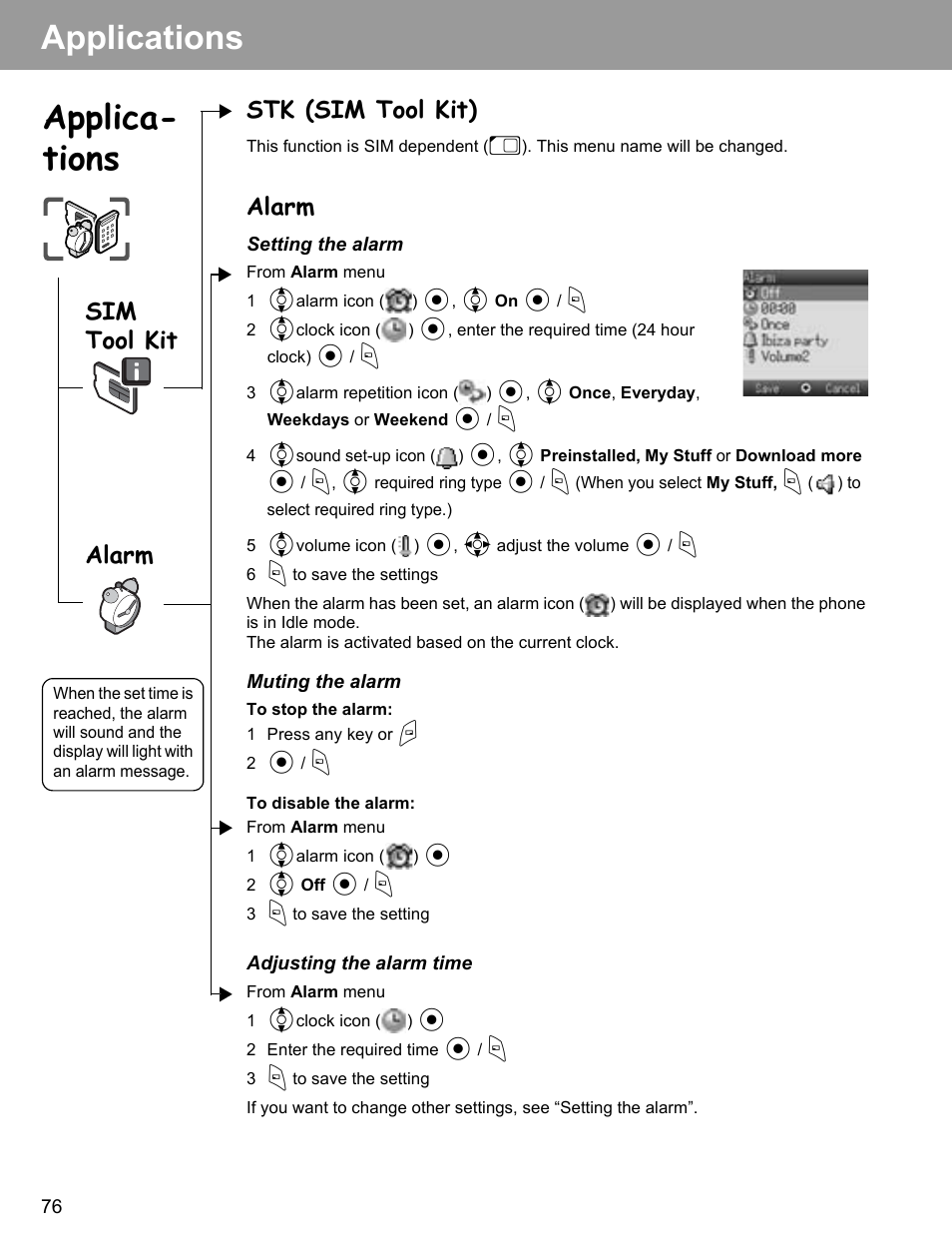 Applications, Stk (sim tool kit), Alarm | Stk (sim tool kit) alarm, Applica- tions, Sim tool kit | Philips X400 User Manual | Page 79 / 105