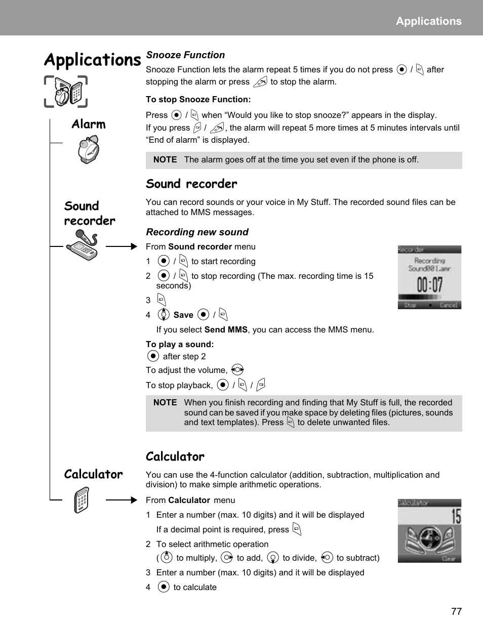 Sound recorder, Calculator, Sound recorder calculator | Calculator sound recorder, Alarm, Applications | Philips X400 User Manual | Page 80 / 105