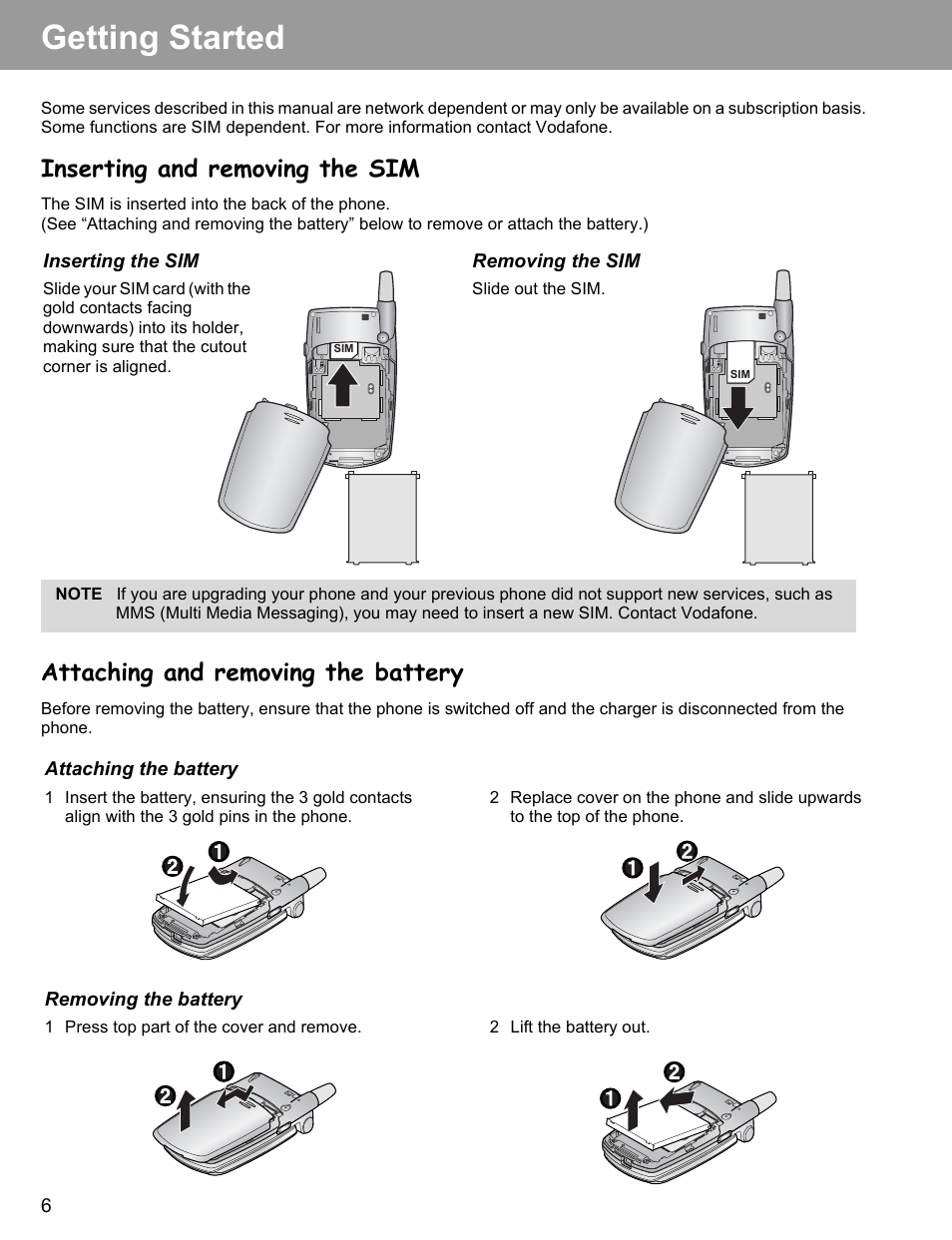 Getting started, Inserting and removing the sim, Attaching and removing the battery | Philips X400 User Manual | Page 9 / 105