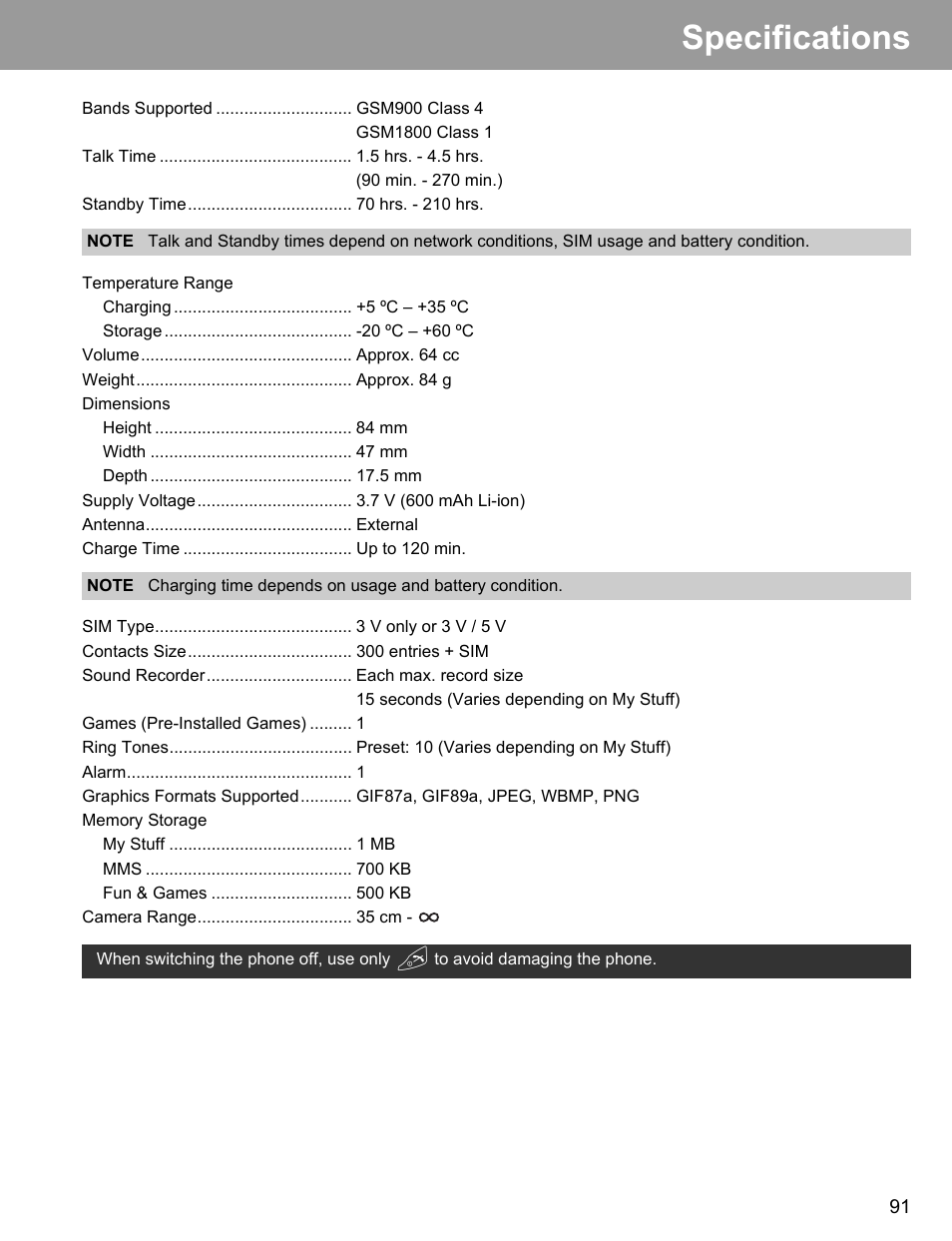 Specifications | Philips X400 User Manual | Page 94 / 105