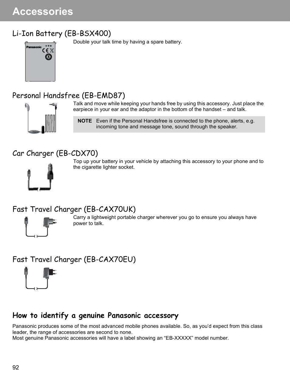 Accessories, Li-ion battery (eb-bsx400), Personal handsfree (eb-emd87) | Car charger (eb-cdx70), Fast travel charger (eb-cax70uk) | Philips X400 User Manual | Page 95 / 105