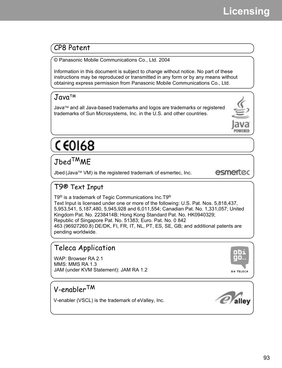 Licensing, Cp8 patent, Java | Jbed, Teleca application, V-enabler | Philips X400 User Manual | Page 96 / 105