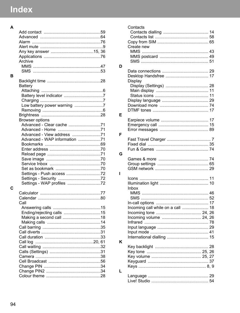 Index | Philips X400 User Manual | Page 97 / 105