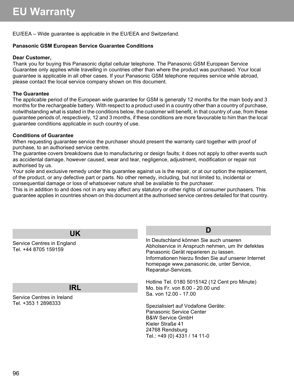 Eu warranty, Uk irl | Philips X400 User Manual | Page 99 / 105