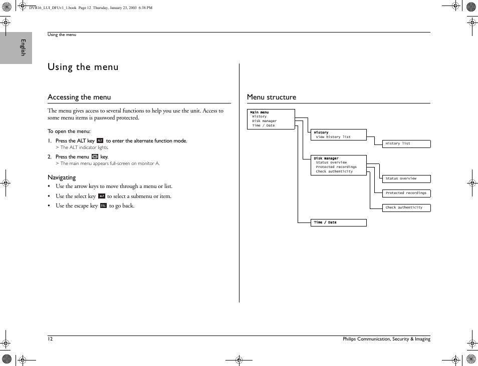 Using the menu, Accessing the menu, Menu structure | Philips Divar Digital versatile recorder User Manual | Page 12 / 18