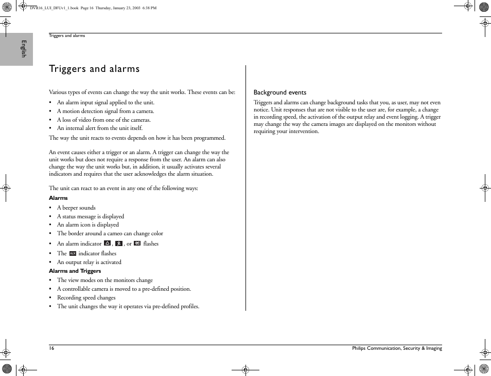 Triggers and alarms | Philips Divar Digital versatile recorder User Manual | Page 16 / 18