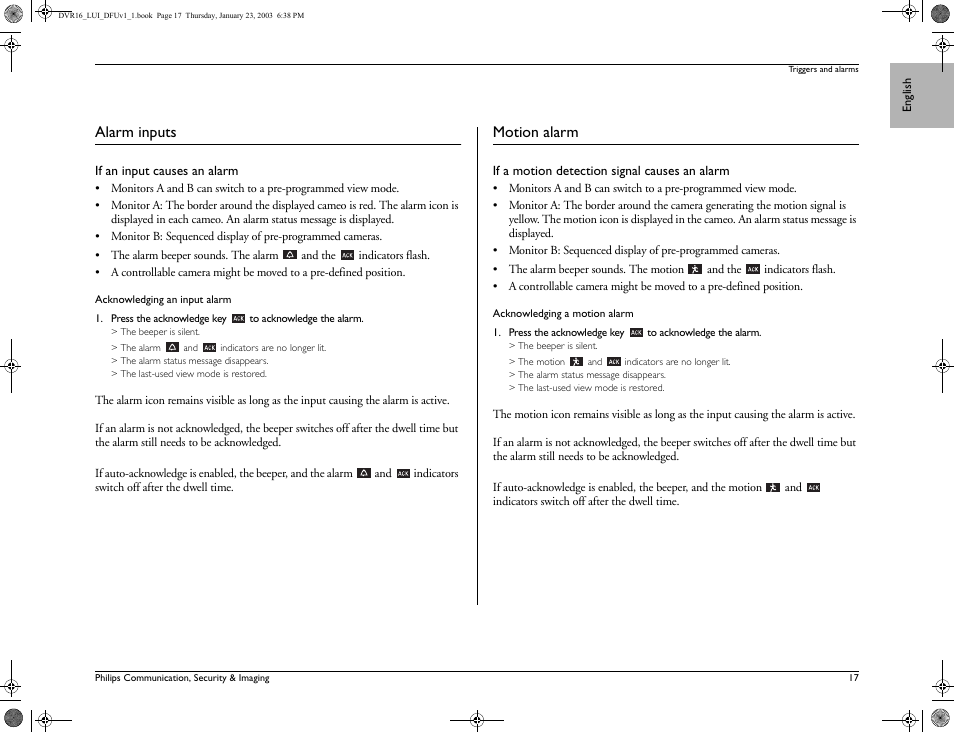 Alarm inputs, Motion alarm | Philips Divar Digital versatile recorder User Manual | Page 17 / 18