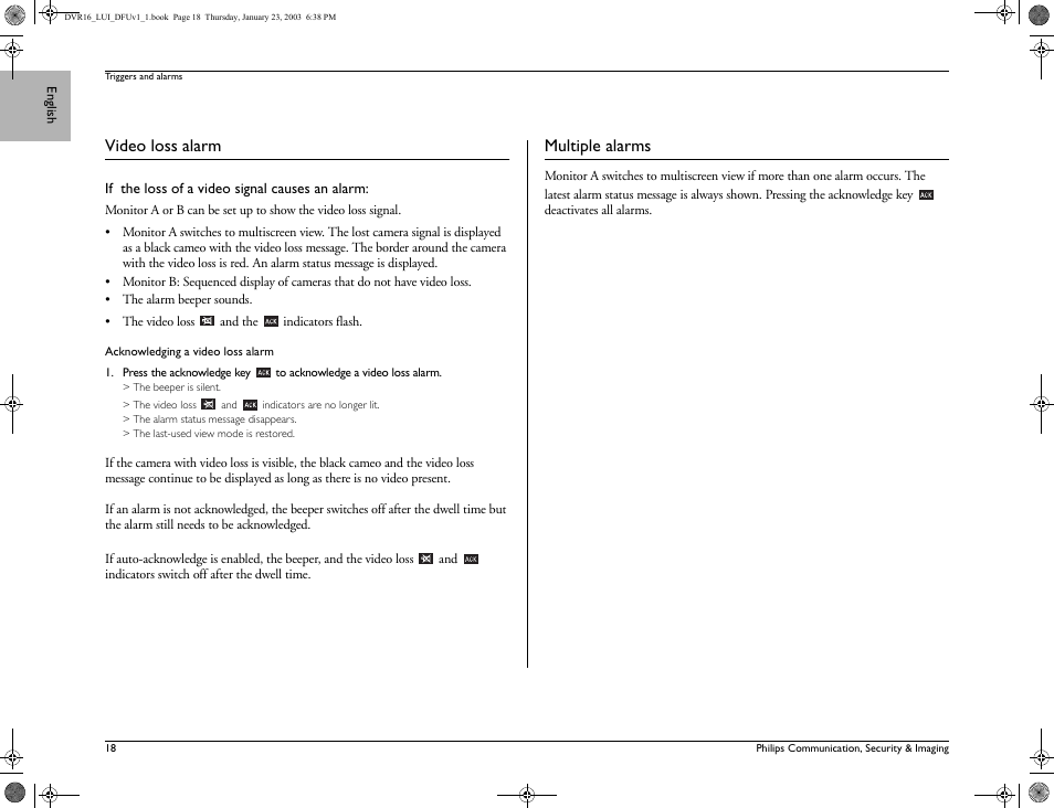 Video loss alarm, Multiple alarms | Philips Divar Digital versatile recorder User Manual | Page 18 / 18
