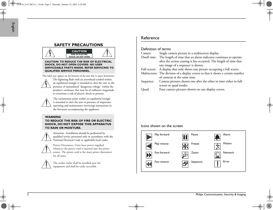Reference, Safety precautions | Philips Divar Digital versatile recorder User Manual | Page 2 / 18