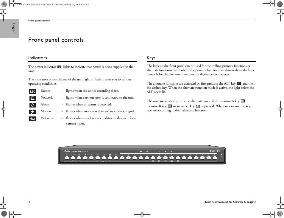 Front panel controls | Philips Divar Digital versatile recorder User Manual | Page 4 / 18