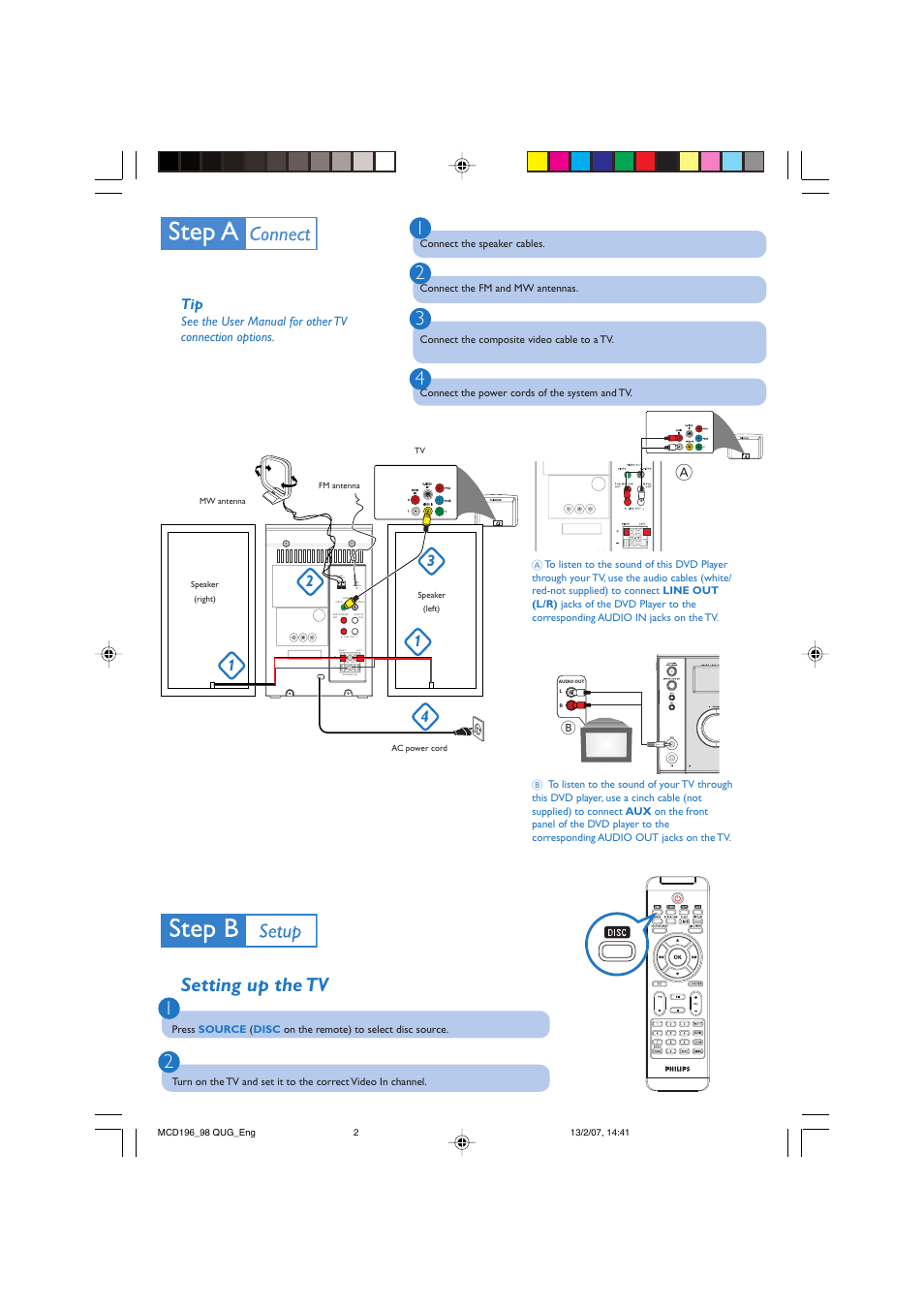 Setting up the tv 1 2 4 3 | Philips ZC-0708 User Manual | Page 2 / 4