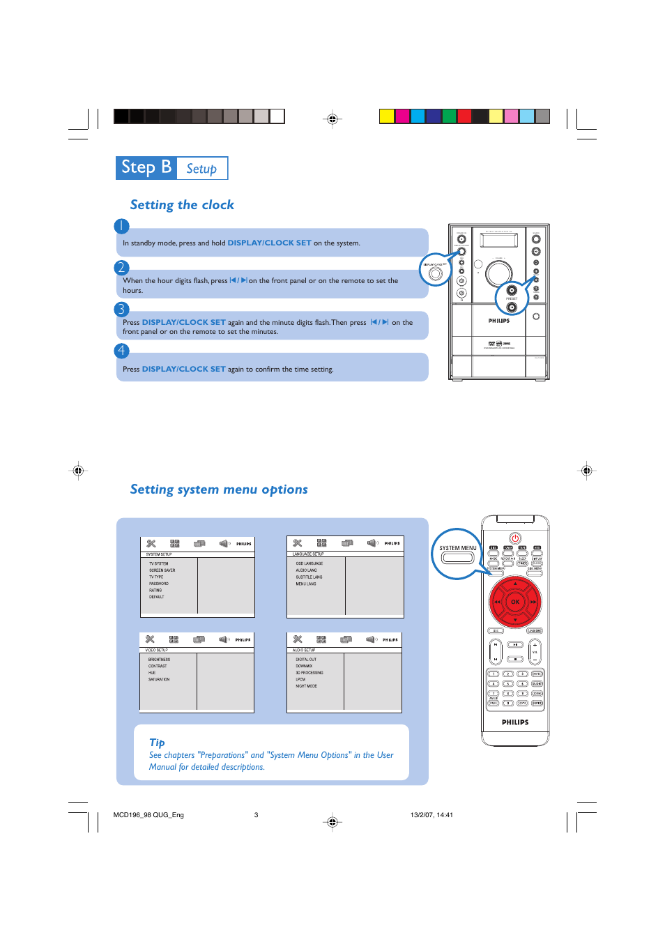 Setting the clock 1 2 3 4, Setting system menu options, Pull to open | Philips ZC-0708 User Manual | Page 3 / 4
