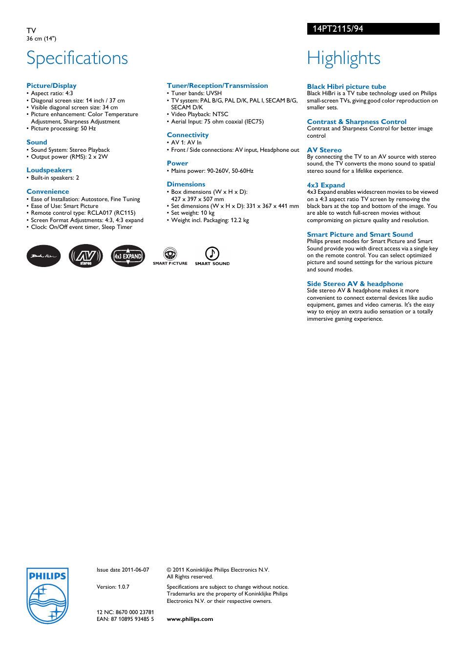 Specifications, Highlights | Philips 14PT2115 User Manual | Page 2 / 2