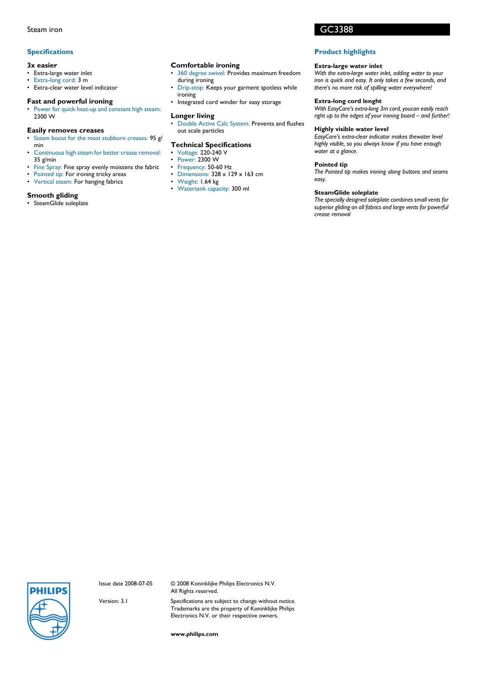 Gc3388 | Philips GC3388  EN User Manual | Page 2 / 2