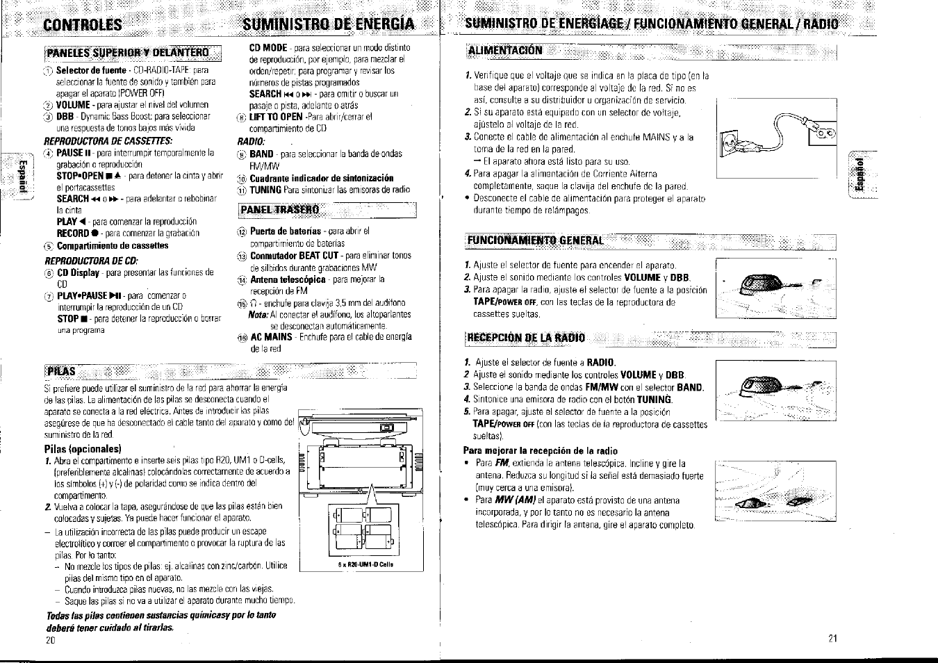 Paneles superior ¥ oaanterq, Famel trasero, Pilas | Aumentacion, Euncionamiento general, Recepcion de la rasio, Contrqlis suministro de energía | Philips AZ1007/01 User Manual | Page 11 / 26