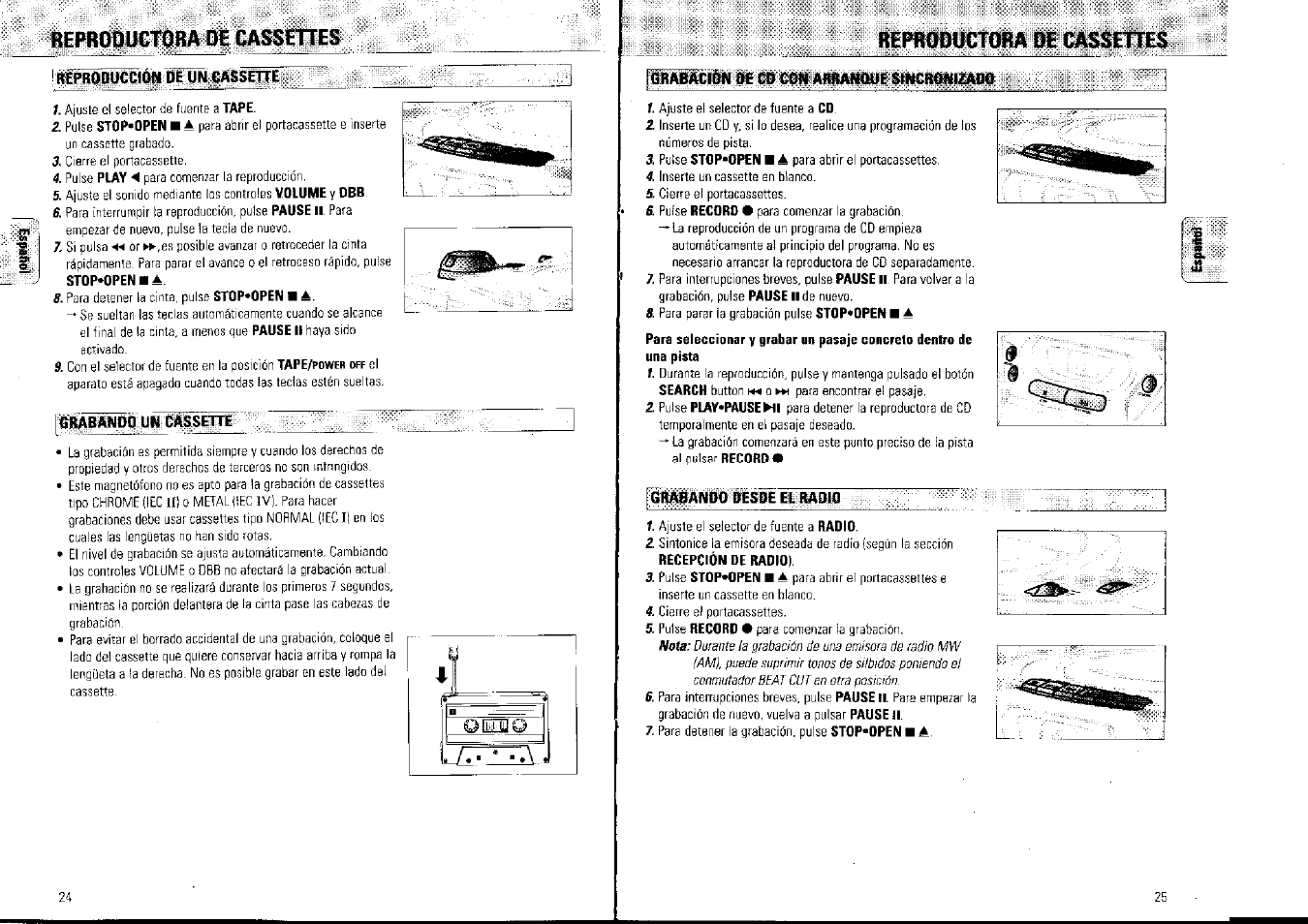 Reproductora de cassettes, Швш0а uhtassette, Reproductora oe cassettes | Grabando desde ei lulom | Philips AZ1007/01 User Manual | Page 13 / 26