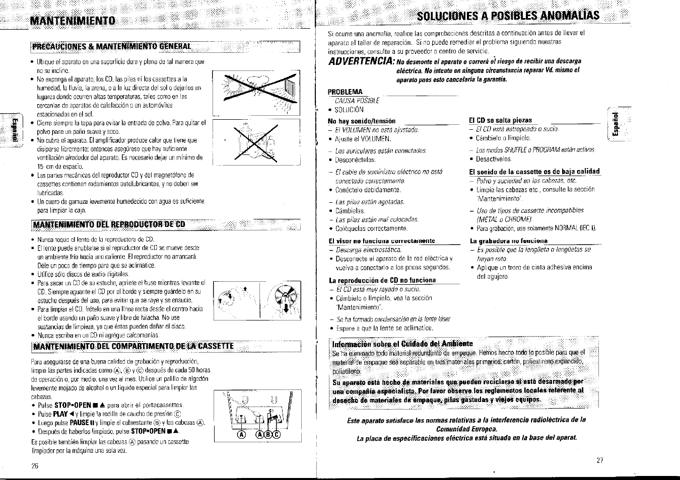 Mantenimiento, Soluciones a posibles anomalias, Adí/efírf/vcm | Philips AZ1007/01 User Manual | Page 14 / 26