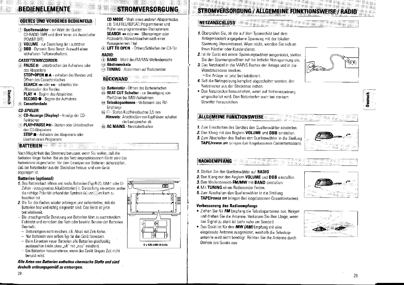 Buctcwano, Radfölmpfang, Bept£n€lem£nte stb | Mvers, Stromversorgung / au^emeine funktionsweise / rmuo | Philips AZ1007/01 User Manual | Page 15 / 26