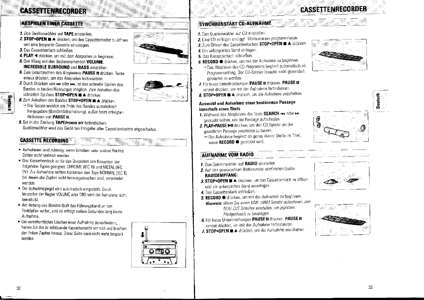 Catssetiillh№cobper, Ia$slilt£recim№ng, Gassettenrecorder | Isvmchronstabt cd-aufnahme, Aufnahme vp« radio | Philips AZ1007/01 User Manual | Page 17 / 26