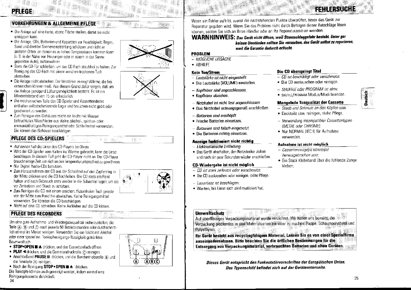 Pflege, P)rk£hrunê£n & allgemerne pflege, Pflege oes co-spielers | Pflege des recorders, Fehlersuche, Umwelt$chu&i, Warnhinweis | Philips AZ1007/01 User Manual | Page 18 / 26