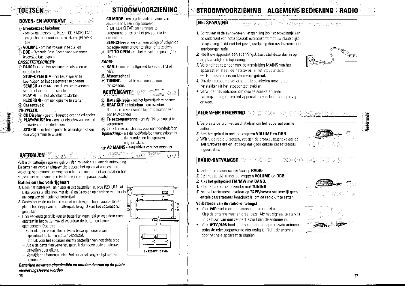 Boven- en voorkant, Met$pan(iin6, Toetsen stroomvoorziening | Stroomvoorziening algemene beoiening radio | Philips AZ1007/01 User Manual | Page 19 / 26