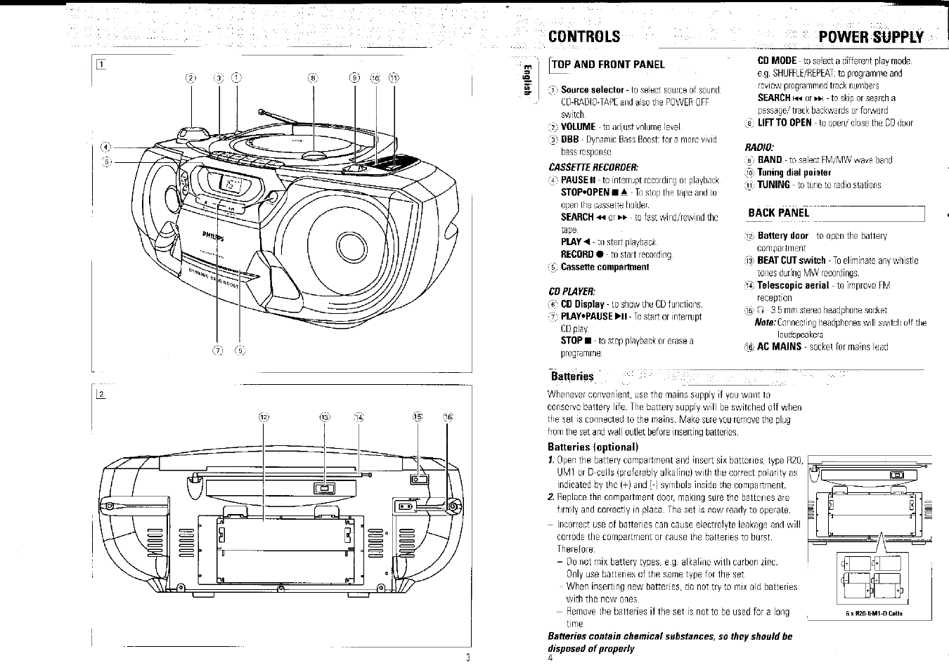 Batteries, Controls p wer supply | Philips AZ1007/01 User Manual | Page 2 / 26