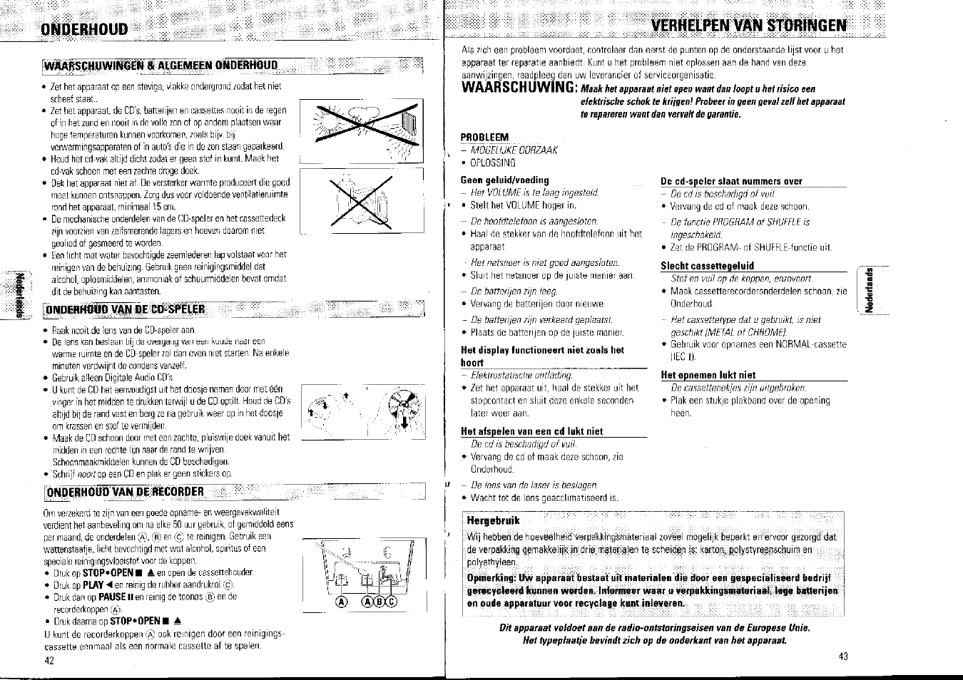 Onoerhoud, Verhelfen van storfngen, Waarschuwing | Philips AZ1007/01 User Manual | Page 22 / 26