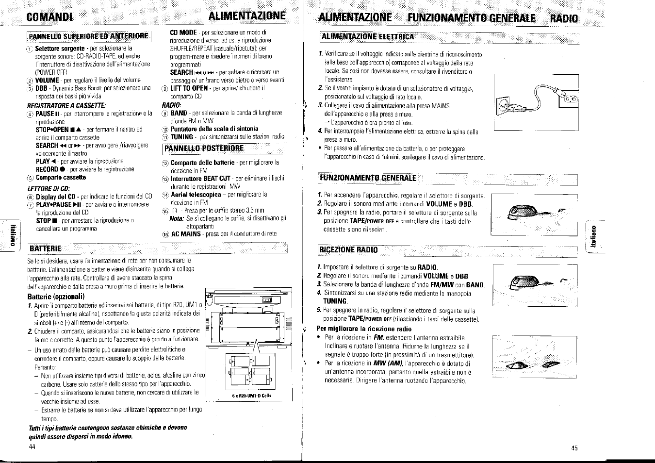 Pai^ello superiore eo anteriore, Memmi, Comandi alimentazione | Alimentazione funzionamento generale radio | Philips AZ1007/01 User Manual | Page 23 / 26