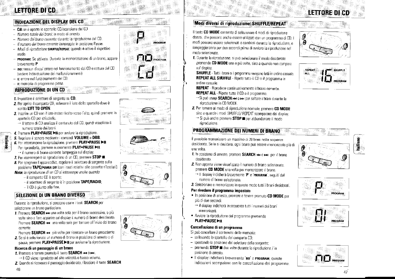 Lettore di cd, Indicazione del dispuy del cd, Lezione ot un brano diverso | Modi diversi di riproduzione: shufrje/bepeat | Philips AZ1007/01 User Manual | Page 24 / 26