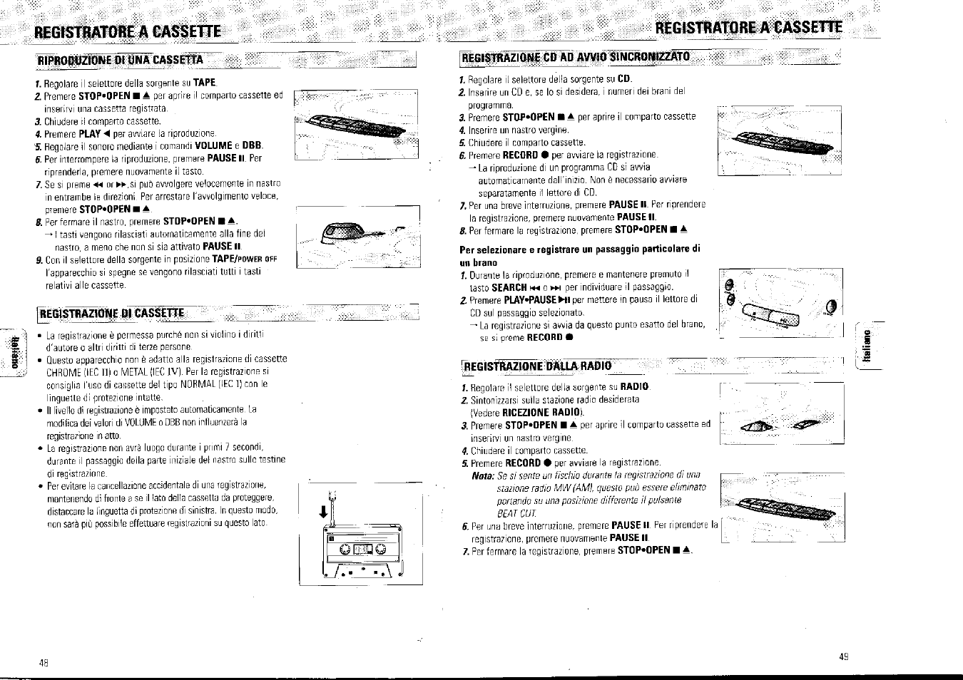 Registratore a cassette, Riproduzione di una cassetta, Registrazione di cassette | É [^sistrazione cd adawiq sincronizzato, Regì5traz№ne dalla radio, T ■ is | Philips AZ1007/01 User Manual | Page 25 / 26