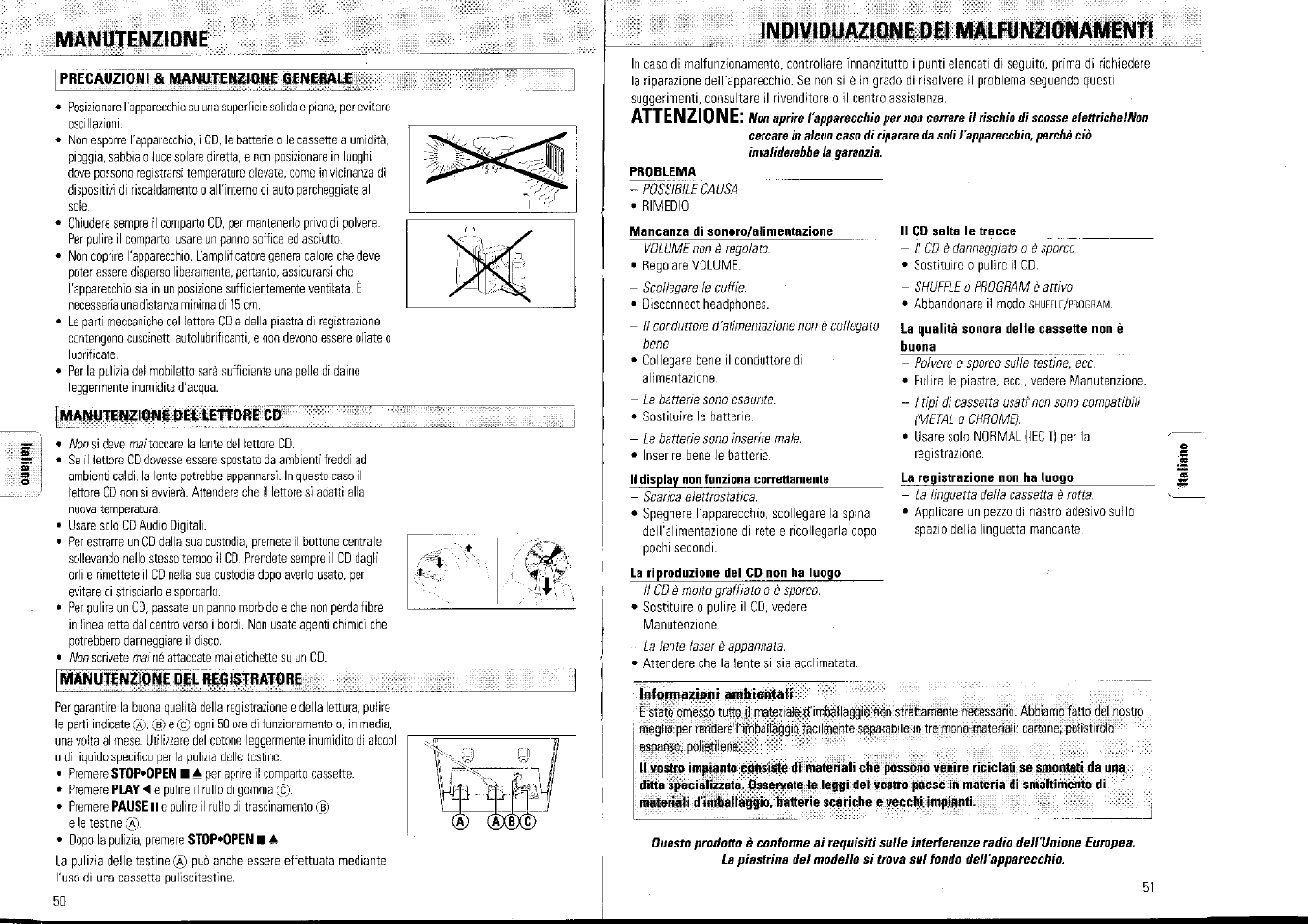 Mamutenzione, Precauzioni & manutenzione oenebale, Individuazione dei malhinzionamenfi | Manutenzione del lenore cd, Infonnazioni ikiìbieirtati, Smamutenzione, Attenzione | Philips AZ1007/01 User Manual | Page 26 / 26