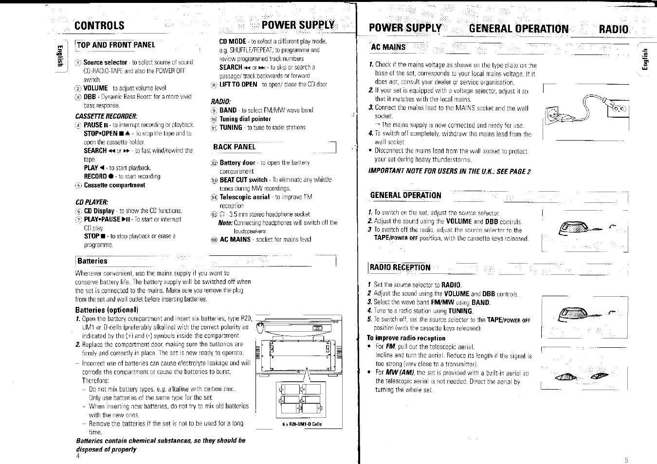 Top and front panel, Back panel, I batteries | Ac mains, General bpératïon, Radio reception, Controls powersuprffi, Power supply general dperafion | Philips AZ1007/01 User Manual | Page 3 / 26