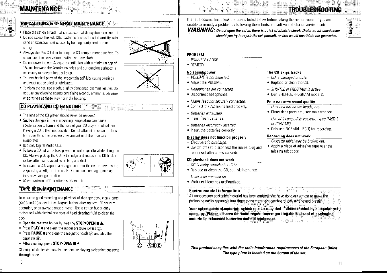 Maintenance, Precautions & oeniral miuntenance, Co plaver and co hanounc | Troubleshooting, Warning | Philips AZ1007/01 User Manual | Page 6 / 26