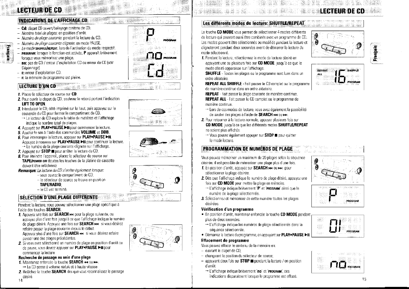 Licteur de cd, Inotcations de i'amchage cd, Uctu8e d 'un co | Sëtecm d'une plaoe dffterente, Les uihérents modes de lecture; shuffle^epeat, Raogrammotion de numéros oepiage, No cd, Lecteur de cd | Philips AZ1007/01 User Manual | Page 8 / 26