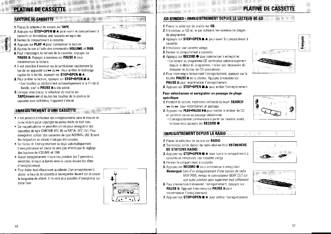 Ka1we № eassehe, Ewfl£<sistbem£wt itupie cassette, Cd syncbd ' enmistrement depuis le lecteur de cd | Regislremenf def>uls la radio, Ka 1 we № eassehe | Philips AZ1007/01 User Manual | Page 9 / 26