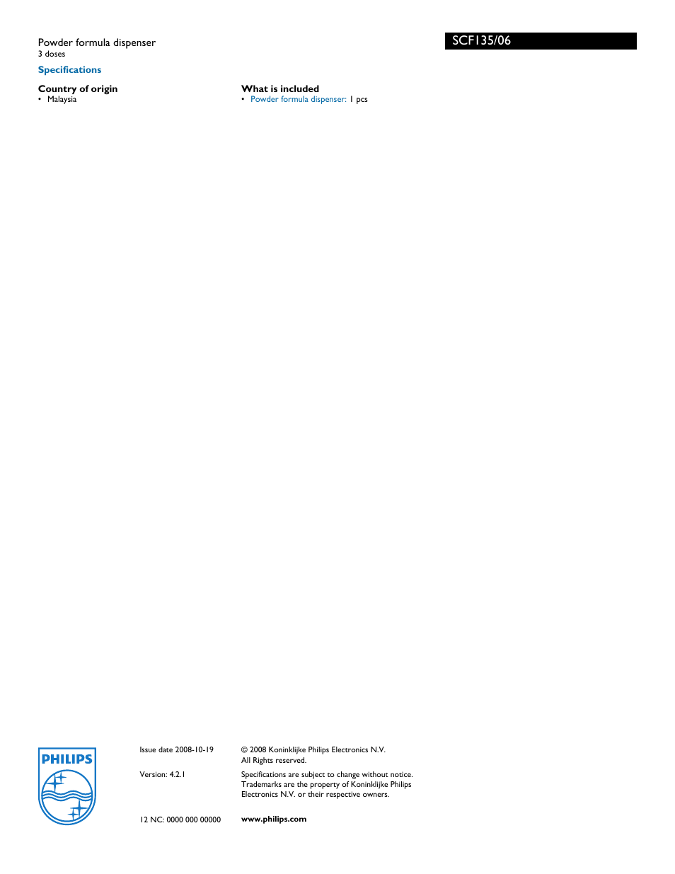 Powder formula dispenser | Philips SCF135/06 User Manual | Page 2 / 2