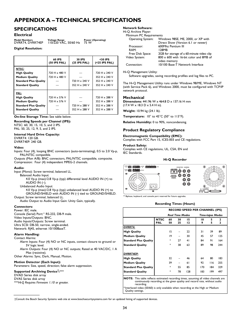 Appendix a – technical specifications, Specifications, Electrical | Mechanical, Product regulatory compliance | Philips Hi-Q Digital Video Recorders User Manual | Page 34 / 36
