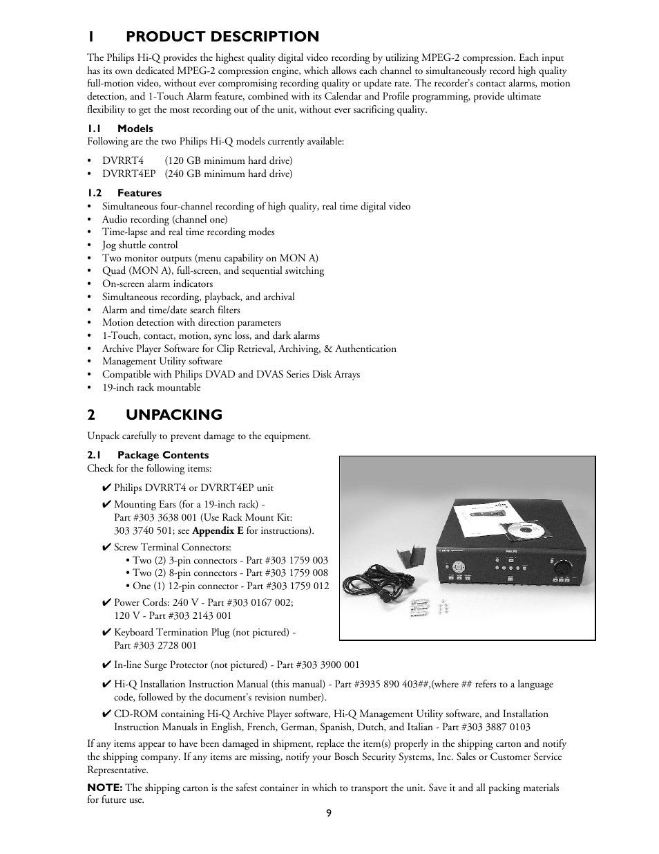 1product description, 2unpacking | Philips Hi-Q Digital Video Recorders User Manual | Page 9 / 36
