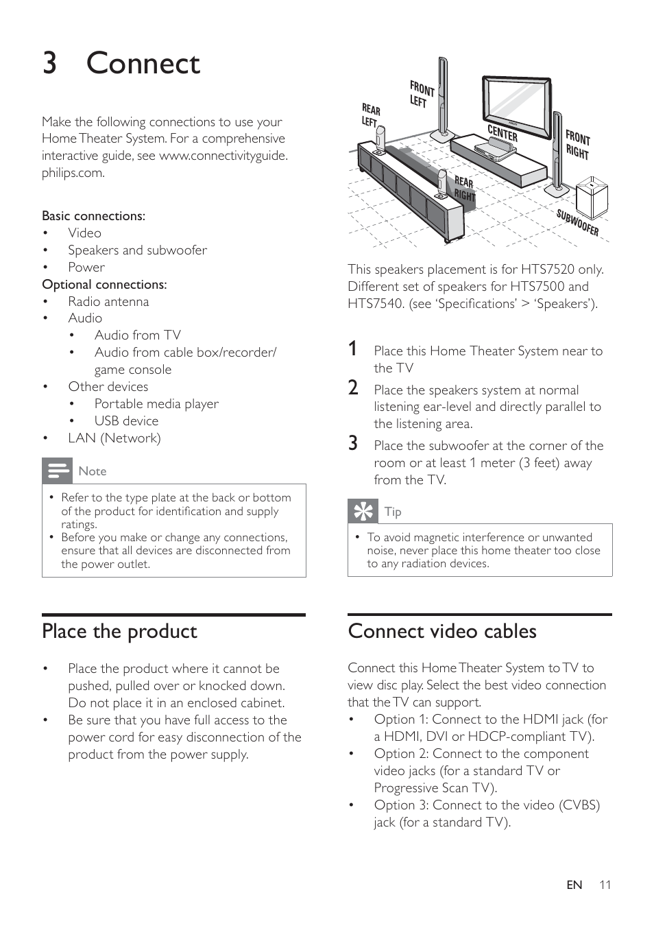 3 connect, Connect video cables, Place the product | Philips HTS7500 User Manual | Page 11 / 52
