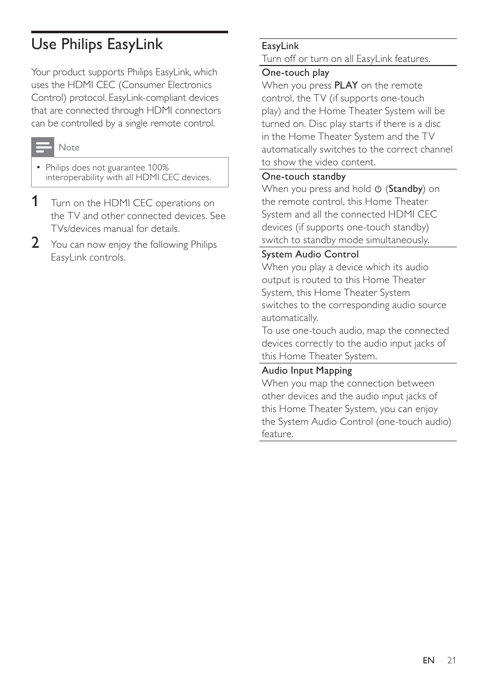 Use philips easylink | Philips HTS7500 User Manual | Page 21 / 52