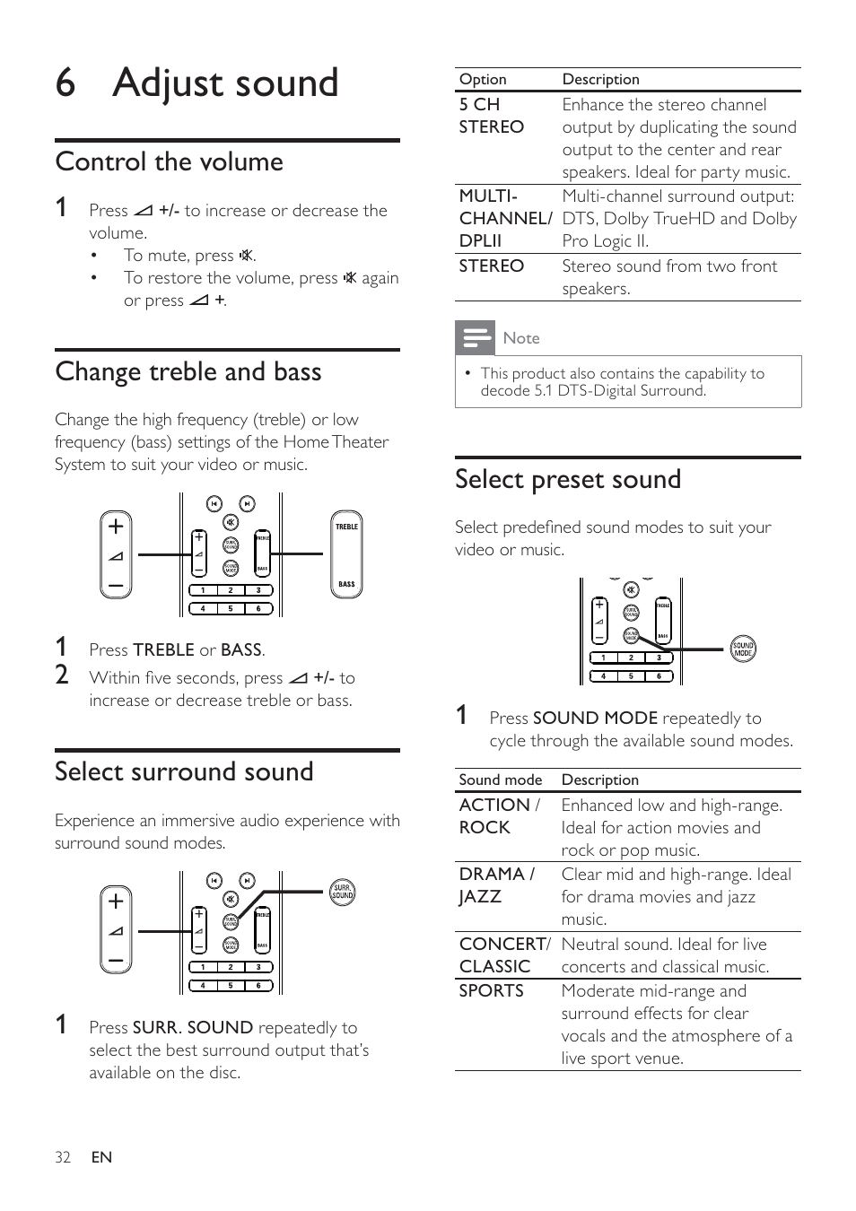 6 adjust sound | Philips HTS7500 User Manual | Page 32 / 52